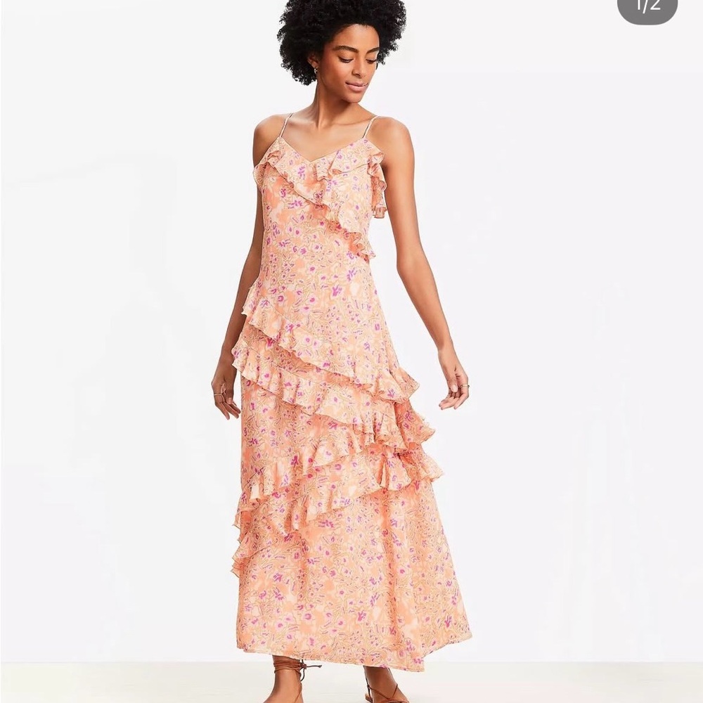 LOFT floral ruffle strappy maxi dress